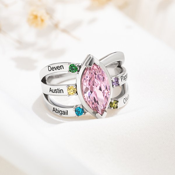 Bague Personnalisée avec 1-8 Noms Texte Gravés et Pierres de Naissance Cadeau Anniversaire Fête pour Maman Femme