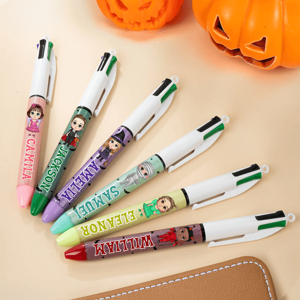 Personalised Halloween Cartoon Character Glitter Retractable 4-In-1 Pen with Name Halloween Back to School Gift for Children