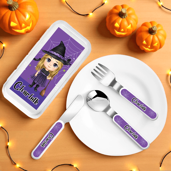 Personalisierte Cartoon Charakter Spinnennetz Food-Grade Kid's Gabel Löffel Messer 3 Stück Besteck Set mit Namen Halloween Party Geburtstag Geschenk für Kinder