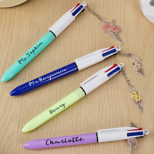 Personalized Retro Birth Flower Acrylic Charm 4-in-1 Pen with Name Teacher's Day Back to School Appreciation Gift for Teaches Students Kids