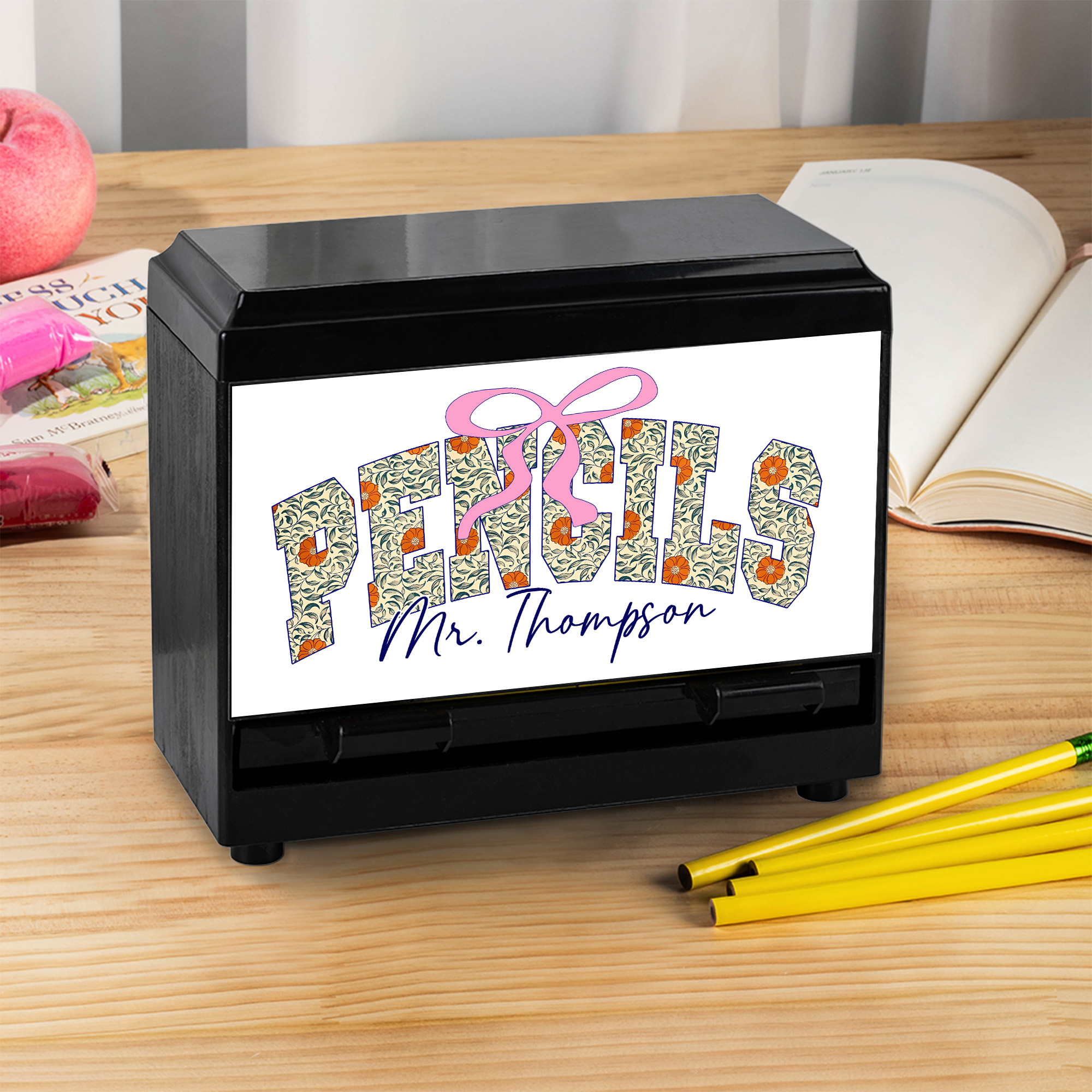 Distributeur de crayons à nœud rose personnalisé avec texte Décoration de salle de classe Cadeau d'appréciation de la rentrée pour l'enseignant