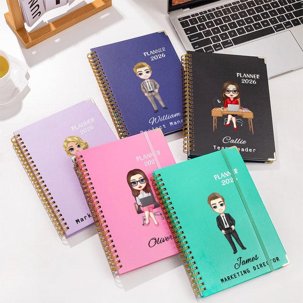 Personalized Cartoon Character 2026 Planner Name and Title A5 Notebook with Weekly Planning Pages Birthday Work Anniversary Gift for Office Workers