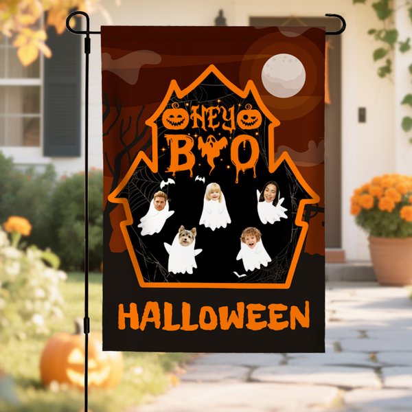 Personalised Cartoon Ghost Castle Garden Flag with 1-6 Face Photos Yard Garden Decor Spooky Season Halloween Gift for Family