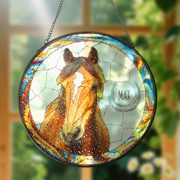 Décoration solaire personnalisée en verre teinté avec photo de cheval et nom Décoration de balcon à suspendre Cadeau d'anniversaire pour les amoureux des chevaux