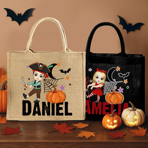 Personalised Moon Pumpkin Halloween Cartoon Character Jute Bag with Name Halloween Party Gift for Boys Girls