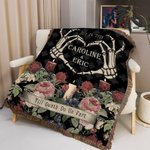 Personalized Gothic Skeleton Hands Heart Rose Soft Throw Blanket with Tassel and Name Home Decor Halloween Wedding Gift for Couple Goth Lovers