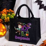 Personalized Witch Hat Initial Halloween Cartoon Character Jute Bag with Name Halloween Party Gift for Boys Girls