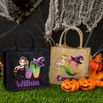Personalized Witch Hat Initial Halloween Cartoon Character Jute Bag with Name Halloween Party Gift for Boys Girls