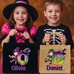 Personalized Witch Hat Initial Halloween Cartoon Character Jute Bag with Name Halloween Party Gift for Boys Girls
