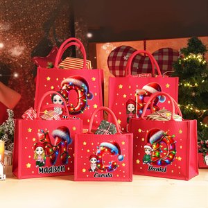 Personalised Cartoon Character Christmas Hat Light Strip Initial Large Red Jute Gift Tote Bag with Name Christmas Festival Party Gift for Family