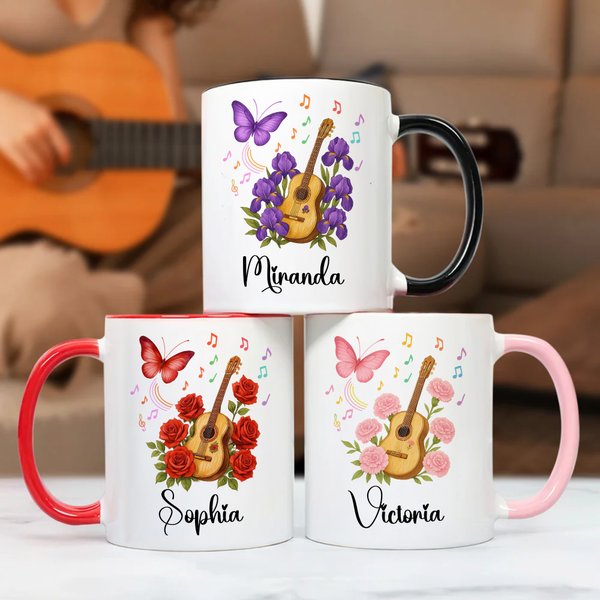 Personalised Guitar Birth Flower Butterfly Music Symbol 11 oz Ceramic Mug with Name Music Festivals Birthday Gift for Music Lovers