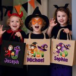 Personalized Witch Hat Initial Halloween Cartoon Character Jute Bag with Name Halloween Party Gift for Boys Girls