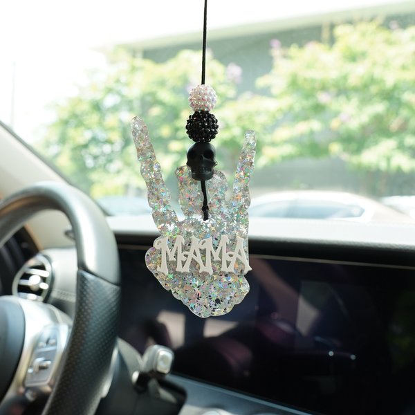 Personalized Black Silver Glitter Skeleton Rocker Hand Car Charm with Name Car Decor Birthday Gift for Edgy Mama New Drivers Car Owners