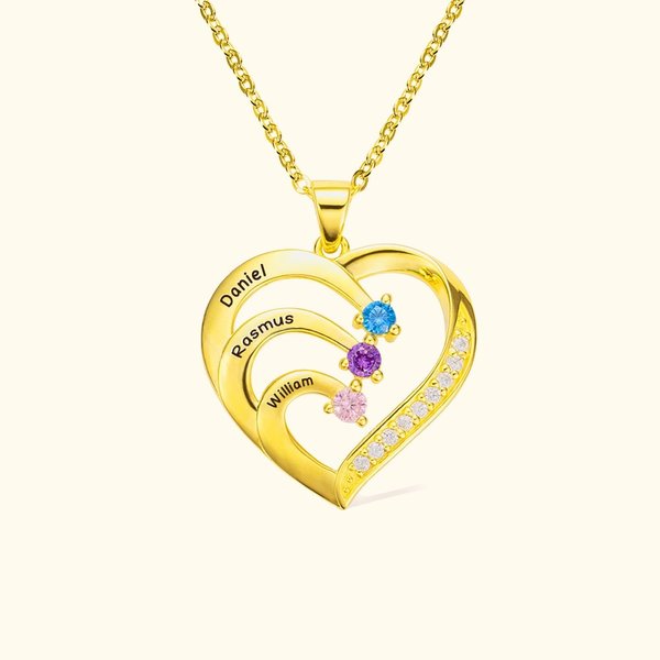 Personlig familjehjärta hänge i sterling silver med 1–6 graverade namn och födelsesten present till mamma och mormor