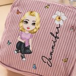Personalized Birth Flower Cartoon Character Corduroy Sanitary Napkin Storage Bag with Name Portable Travel Essentials Daily Use Gift for Women