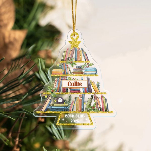 Ornement personnalisé en acrylique transparent pour l'arbre de Noël du club de lecture avec 1-9 noms et texte Cadeau d'anniversaire de Noël pour la famille, les amis et les amateurs de livres