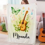 Personalised Guitar Birth Flower Butterfly Soft Throw Blanket with Name Room Decor Birthday Anniversary Gift for Guitar Enthusiasts