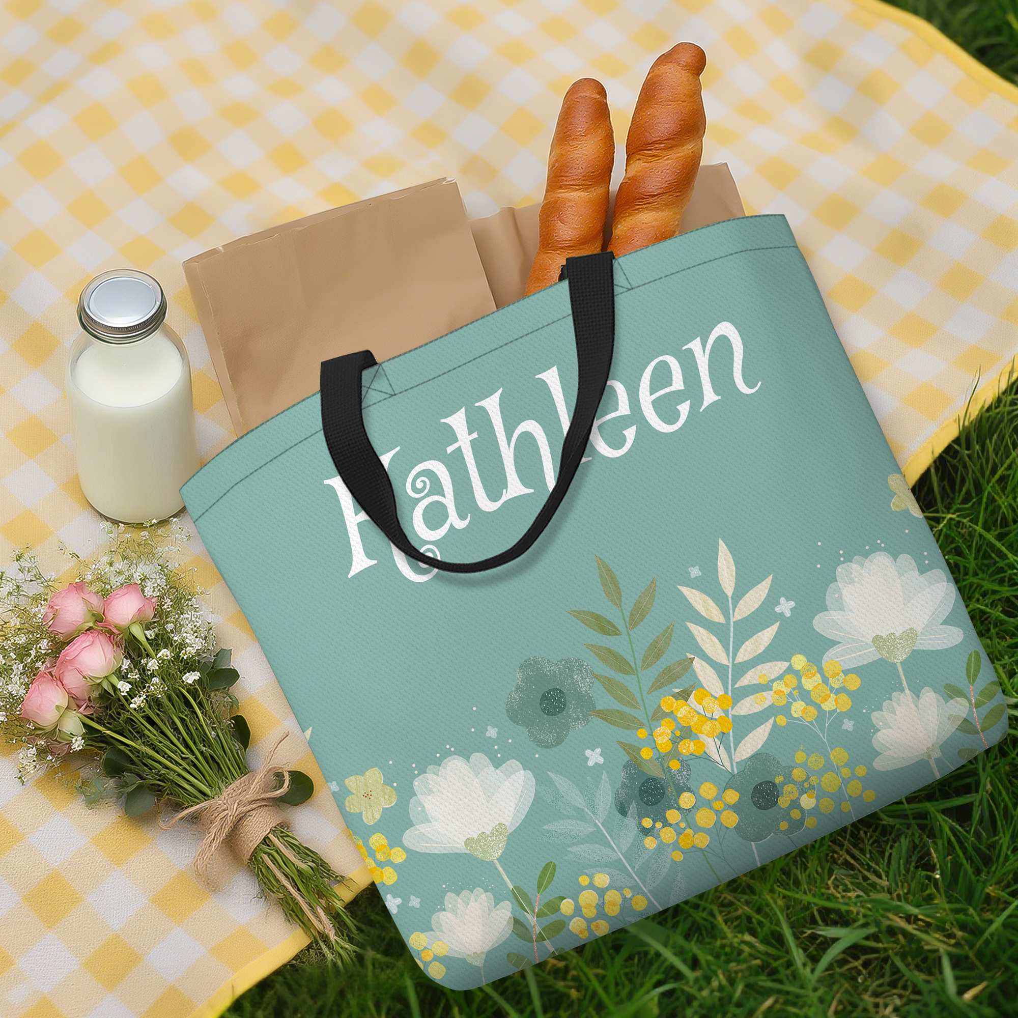 Sac à Main Personnalisé avec Nom et Motif Floral Accessoire de Voyage Courses Cadeau Anniversaire pour Femme Maman Mamie