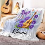 Personalised Guitar Birth Flower Butterfly Soft Throw Blanket with Name Room Decor Birthday Anniversary Gift for Guitar Enthusiasts