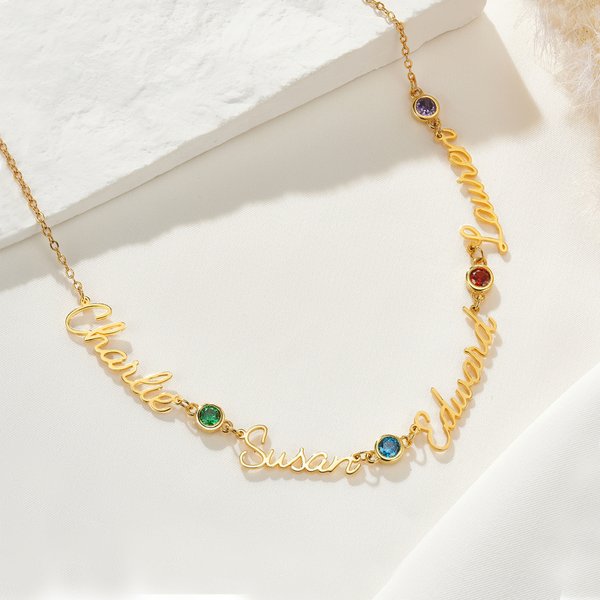 Personalized 1-5 Family Birthstones and Names Necklace Minimalist Jewelry Anniversary Birthday Gift for Women