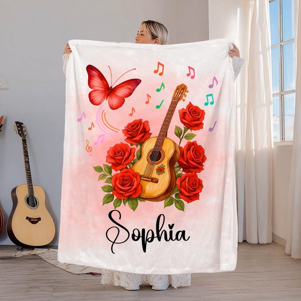 Personalised Guitar Birth Flower Butterfly Soft Throw Blanket with Name Room Decor Birthday Anniversary Gift for Guitar Enthusiasts