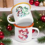 Personalized Cute Bow Snowman 12 oz Enamel Cup with Name and Initial Birthday Christmas Gift for Kids Family Friends