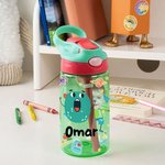 Botella personalizada de 475 ml con nombre y foto en diseño de dibujos animados coloridos con pajita y asa regalo de vuelta al cole para niños