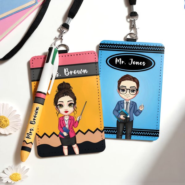 Personligt ID-kort för lärare med tecknad karaktär PU läder Badge Holder Lanyard Penna Lärarens dag Tillbaka till skolan Present till lärare