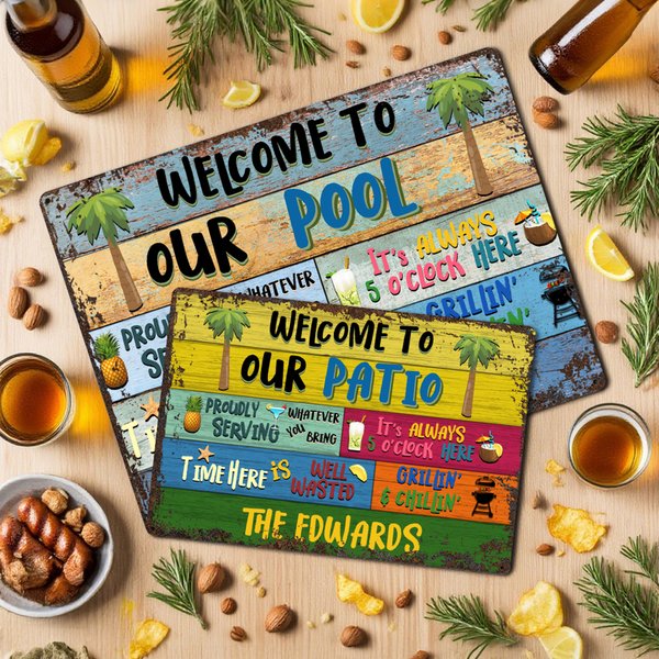 Personalized Distressed Retro Welcome to Our Party Metal Sign with Name and Place Wall Art Home Decor Summer Party Housewarming Gift for Family