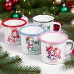 Personalized Cute Bow Snowman 12 oz Enamel Cup with Name and Initial Birthday Christmas Gift for Kids Family Friends