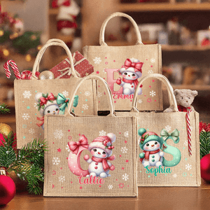 Personalised Cartoon Santa Hat Snowman Bow Initial Jute Tote Bag with Name Birthday Christmas Gift for Family Friends