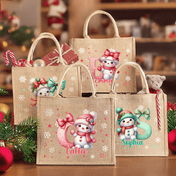 Henkilökohtainen Cartoon Santa Hat Snowman Bow Initial Jute Kangaskassi nimi syntymäpäivä joululahja perheelle ystävät
