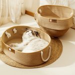 Personalized Cute Pet Photo Cotton Linen Pet Bed Basket with Handle and Name Medium Large Cat Daily Use Birthday Adoption Day Gift for Pet Owners