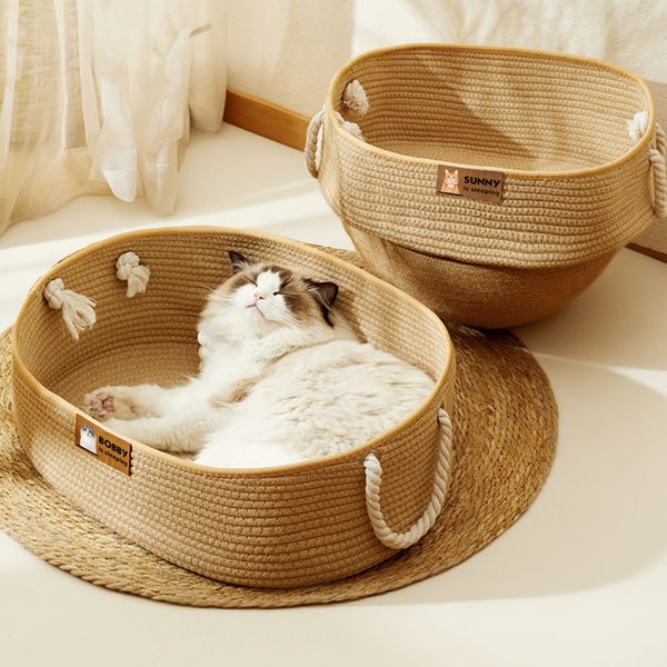 Personalized Cute Pet Photo Cotton Linen Pet Bed Basket with Handle and Name Medium Large Cat Daily Use Birthday Adoption Day Gift for Pet Owners