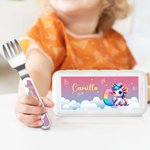 Set di posate personalizzate con nome e iniziali design dell'unicorno forchetta cucchiaio e coltello regalo di compleanno per bambini