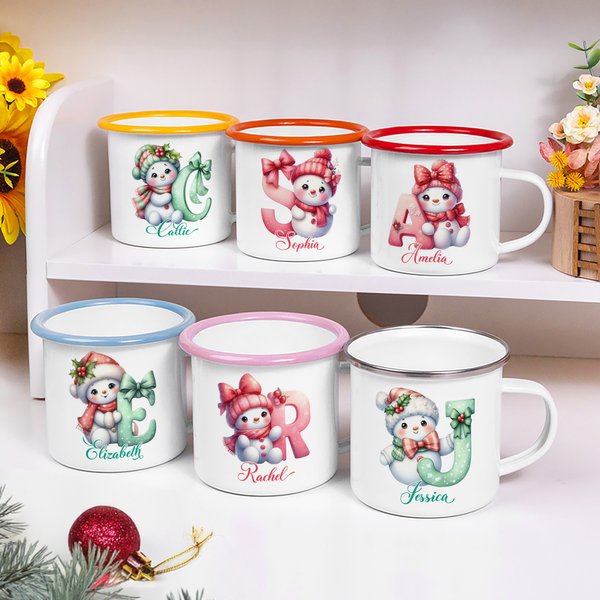 Personalised Cute Bow Snowman 12 oz Enamel Cup with Name and Initial Birthday Christmas Gift for Kids Family Friends