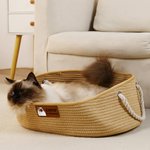 Personalized Cute Pet Photo Cotton Linen Pet Bed Basket with Handle and Name Medium Large Cat Daily Use Birthday Adoption Day Gift for Pet Owners
