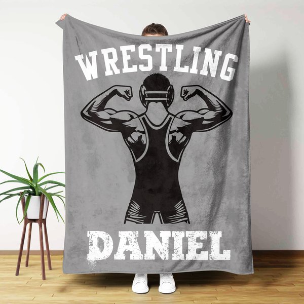 Personalized Wrestling Silhouettes Soft Throw Blanket with Name and Text Housewarming Game Anniversary Gift for Wrestling Lover