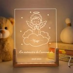 Veilleuse LED Bébé Ange Personnalisée avec Nom Texte Date Décoration en Acrylique avec Socle en Bois Cadeau de Sympathie Commémoration pour Parent