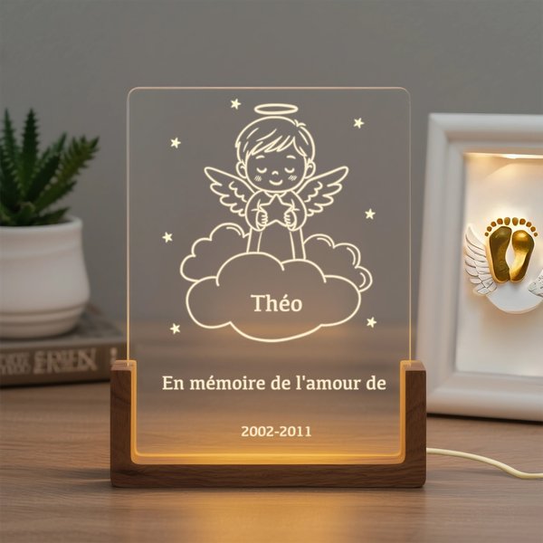 Veilleuse LED Bébé Ange Personnalisée avec Nom Texte Date Décoration en Acrylique avec Socle en Bois Cadeau de Sympathie Commémoration pour Parent
