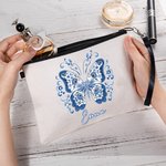 Personalized Blue Butterfly Linen Makeup Bag with Name and Wrist Strap Travel Essentials Wedding Birthday Gift for Female Bridesmaids