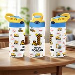 Gepersonaliseerde Engineering Vehicle Initial Name 12 oz Kid geïsoleerde waterfles met handvat en siliconen rietje terug naar school Verjaardagscadeau voor Kid Boy