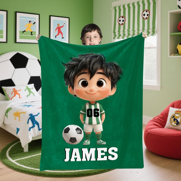 Personalized Soccer Cartoon Kid Soft Throw Blanket with Name and Number Home Decor Birthday Gift for Boys Girls Soccer Lovers
