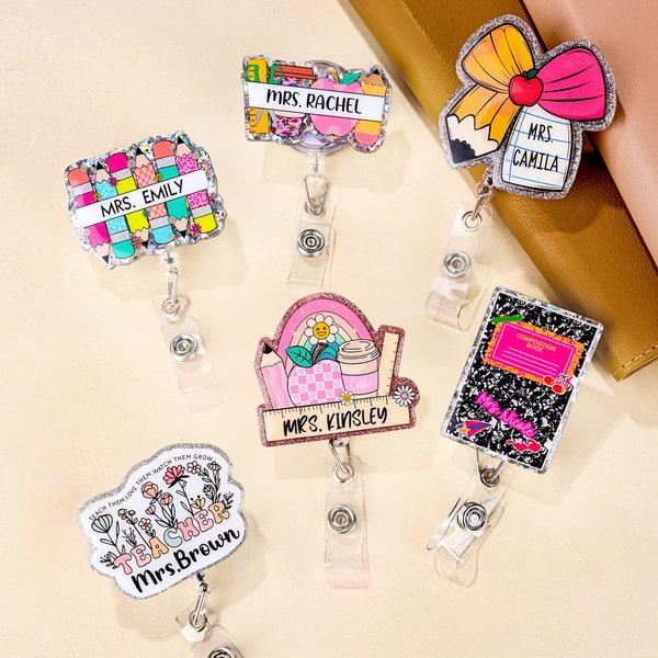 Personalised Glitter Teacher Retractable Badge Reel with Title Surname and Clip Back to School Teacher's Day Appreciation Gift for Teachers Educators