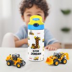 Gepersonaliseerde Engineering Vehicle Initial Name 12 oz Kid geïsoleerde waterfles met handvat en siliconen rietje terug naar school Verjaardagscadeau voor Kid Boy