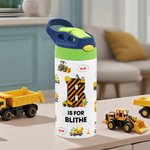 Gepersonaliseerde Engineering Vehicle Initial Name 12 oz Kid geïsoleerde waterfles met handvat en siliconen rietje terug naar school Verjaardagscadeau voor Kid Boy