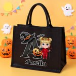 Personalised Cute Bat Cartoon Character Pumpkin Large Capacity Tote Bag with Name and Initial Halloween Party Gift for Kids