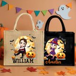 Personalised Halloween Costume Cartoon Character Pumpkin Jute Tote Bag with Name Trick or Treat Halloween Party Gift for Boys Girls