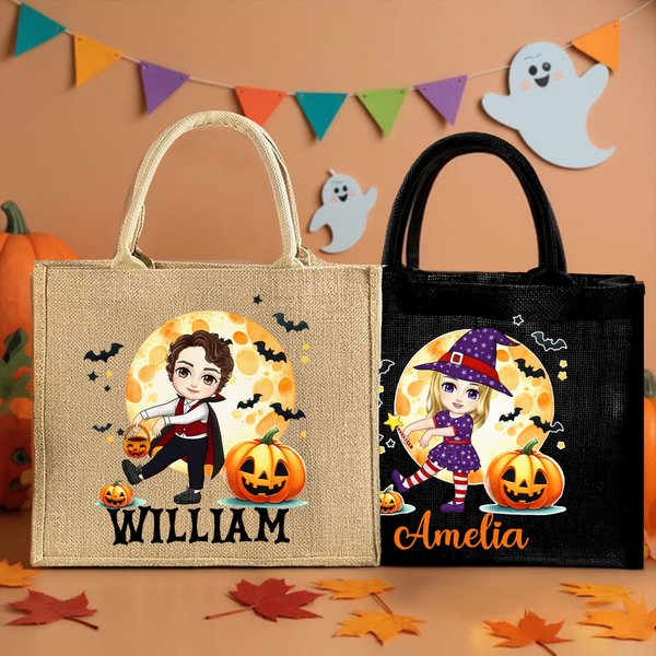 Personalized Halloween Costume Cartoon Character Pumpkin Jute Tote Bag with Name Trick or Treat Halloween Party Gift for Boys Girls