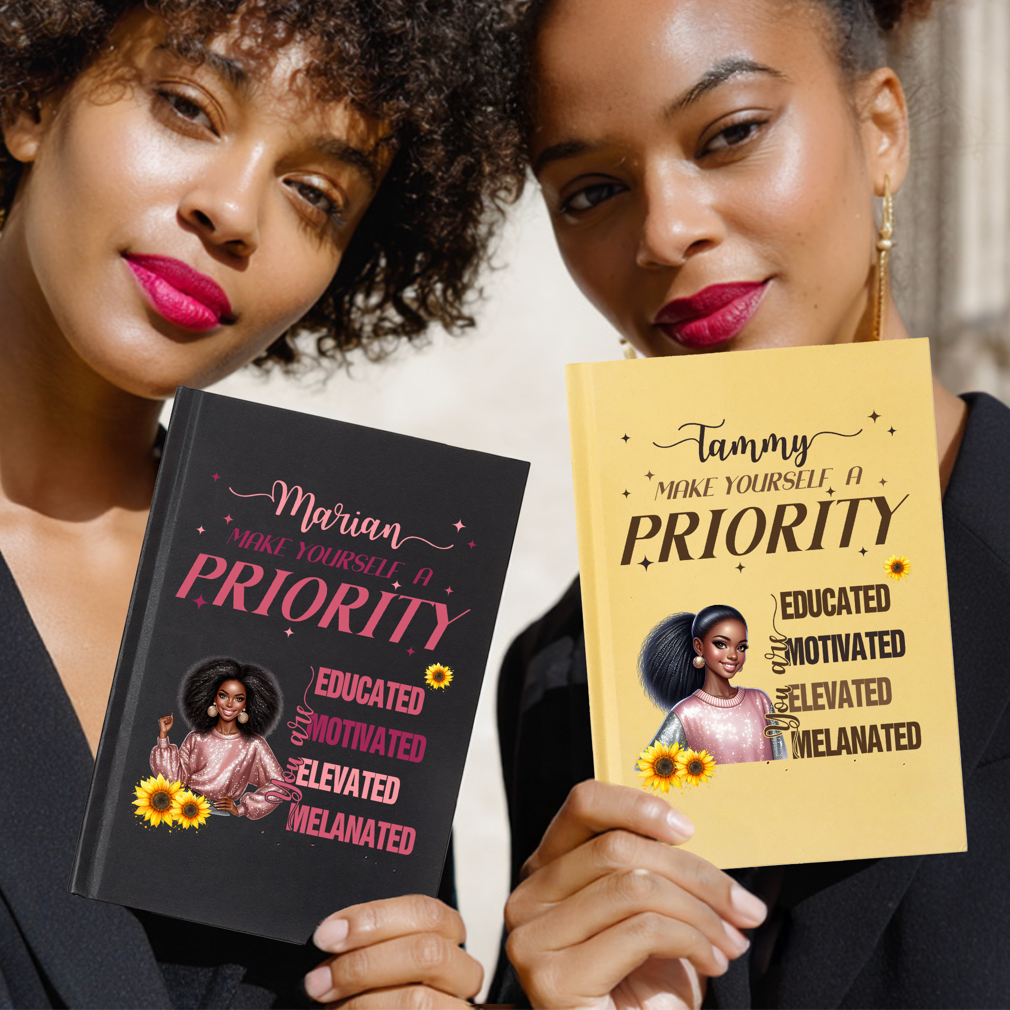 Personnalisé Make Yourself A Priority Confident Character A5 Lined Notebook with Name and Pencil Birthday Gift for Black Woman Girl